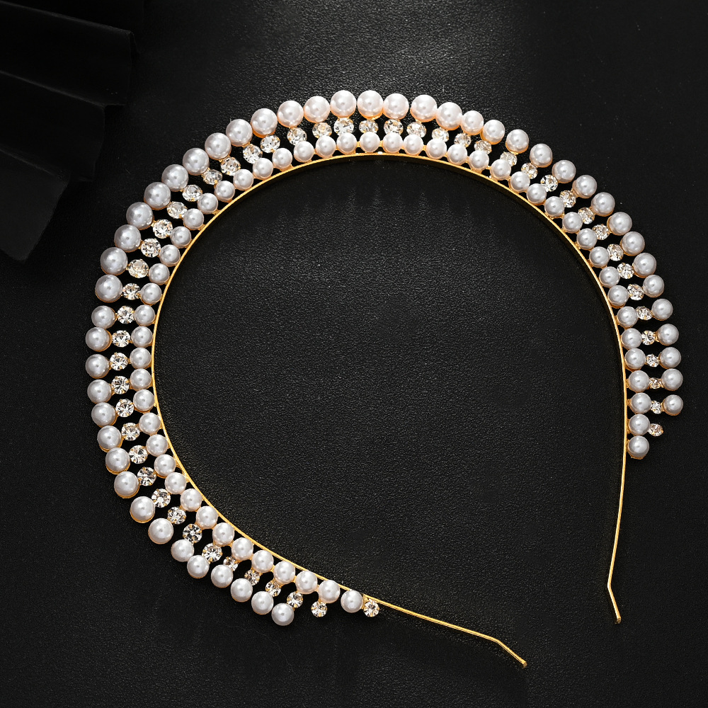 V888-ELOSUNG13743-212901-00 Gold Elegant Faux Pearl Bridal Headband - Multi-Layer Vintage Princess Tiara for Weddings and Formal Occasions, Lightweight Design - Image 1