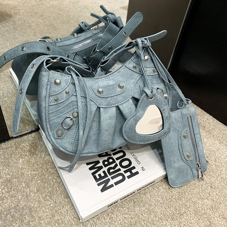 V888-ELOSUNG13773-212837-00 Blue Vintage Rivet Crescent Moon Bag with Card Holder & Mirror, French Retro PU Leather Shoulder & Crossbody Motorcycle Bag for Women - Image 1