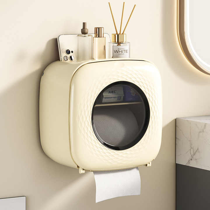 V888-ELOSUNG13795-212759-00 Light Yellow Wall-Mounted Bathroom Tissue Box - Waterproof Paper Towel Dispenser with Storage Shelf, No-Drill Design(Tissue box only) - Image 1