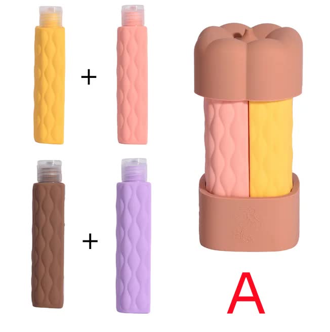 V888-ELOSUNG13799-213446-00 Brown Combination Travel Silicone Refillable Bottles Set - 4-in-1 Portable Containers for Shampoo and Shower Gel, TPR+PE Material, Compact and Leak-Proof - Image 1