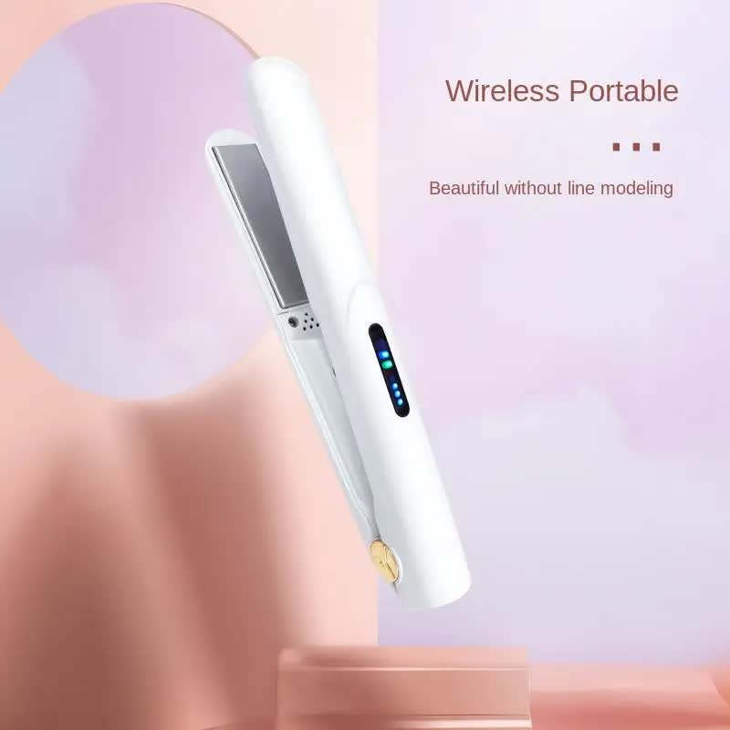 V888-ELOSUNG13818-213530-00 White Portable Mini Wireless Hair Straightener - USB Rechargeable, 2-in-1 Curling & Straightening Iron, Adjustable 3-Temperature Settings , 20s Fast Heating, Anti-Scald, Compact Travel Design - Image 1
