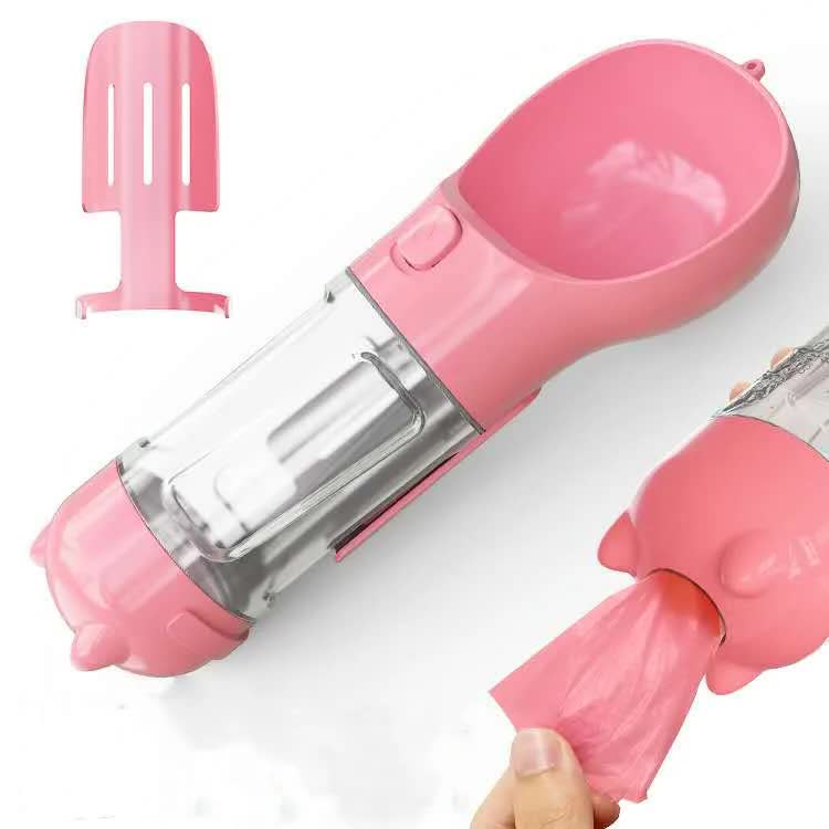 V888-ELOSUNG13867-213596-00 Pink Portable Pet Water Bottle with Waste Bag Dispenser - 300ml Leak-Proof Travel Hydration Solution - Image 1
