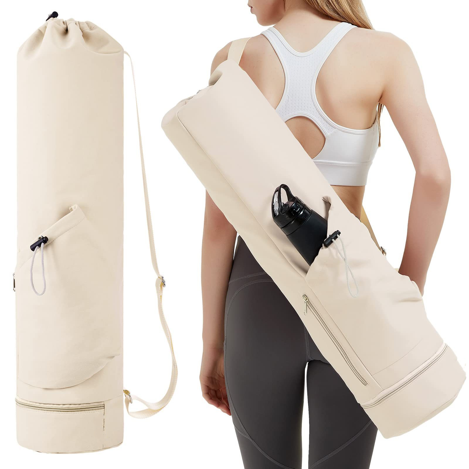 V888-ELOSUNG13911-213706-00 Off White Durable Yoga Mat Carry Bag - Multi-Functional Fitness Backpack with Wet Pocket(Mugs are filming props, not included) - Image 1