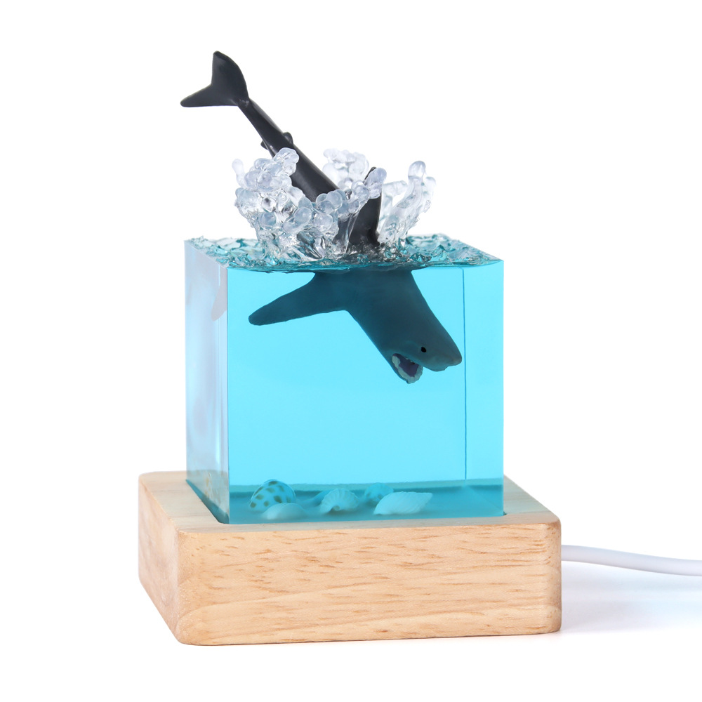 V888-ELOSUNG13946-213729-00 Megalodon Shark Handcrafted Ocean Resin Whale Night Light - Unique Home Decor Table Lamp - Image 1