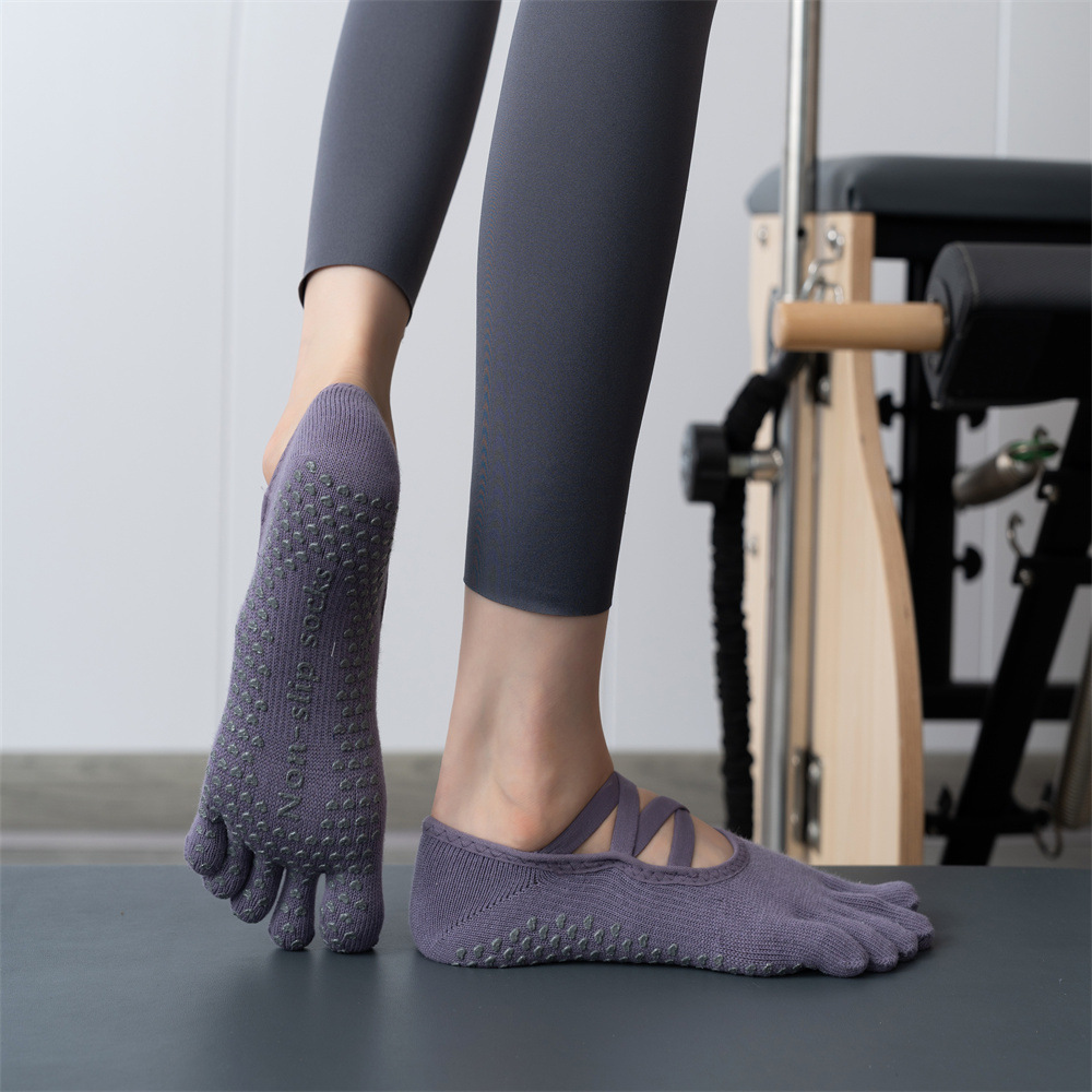 V888-ELOSUNG13957-213830-00 2 Pcs Purple Non-Slip Yoga Pilates Socks with Toe Design for Women – Cotton Blend with Anti-Slip Silicone Grip - Image 1