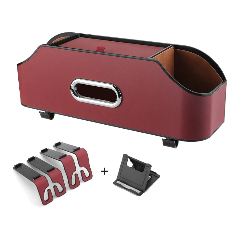V888-ELOSUNG15002-211022-00 Wine Red Car Seat Back Organizer - Multi-Function Storage Box with Tissue Holder, Cup Holder, and Phone Mount - Image 1