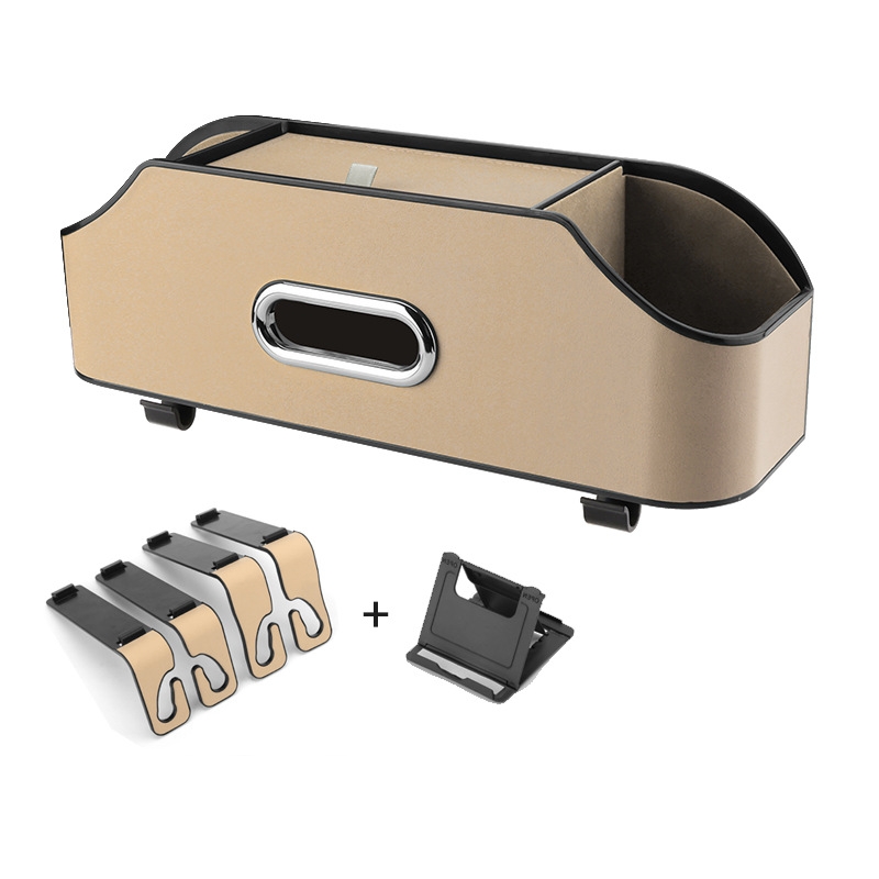 V888-ELOSUNG15005-211025-00 Beige Car Seat Back Organizer - Multi-Function Storage Box with Tissue Holder, Cup Holder, and Phone Mount - Image 1