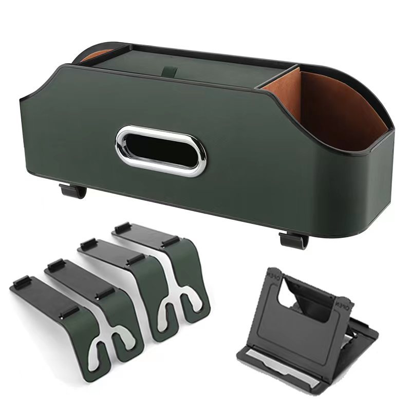 V888-ELOSUNG15006-211026-00 Green Car Seat Back Organizer - Multi-Function Storage Box with Tissue Holder, Cup Holder, and Phone Mount - Image 1