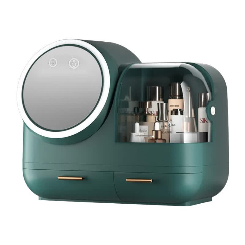 V888-ELOSUNG15131-212150-00 Green LED Vanity Makeup Organizer with Partition Storage and Touch-Control Mirror - Large Capacity Cosmetic Box - Image 1