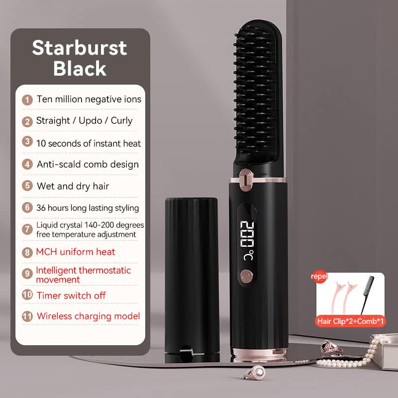 V888-ELOSUNG15318-213526-00 Cordless Hair Straightener Brush with Adjustable Temperature - Black - Image 1