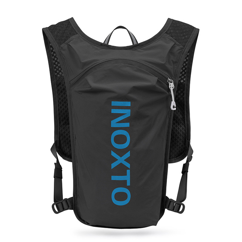 V888-ELOSUNG15406-212968-00 Lightweight Hydration Running Vest with 5L Capacity and Reflective Strips, Black backpack with blue text - Image 1
