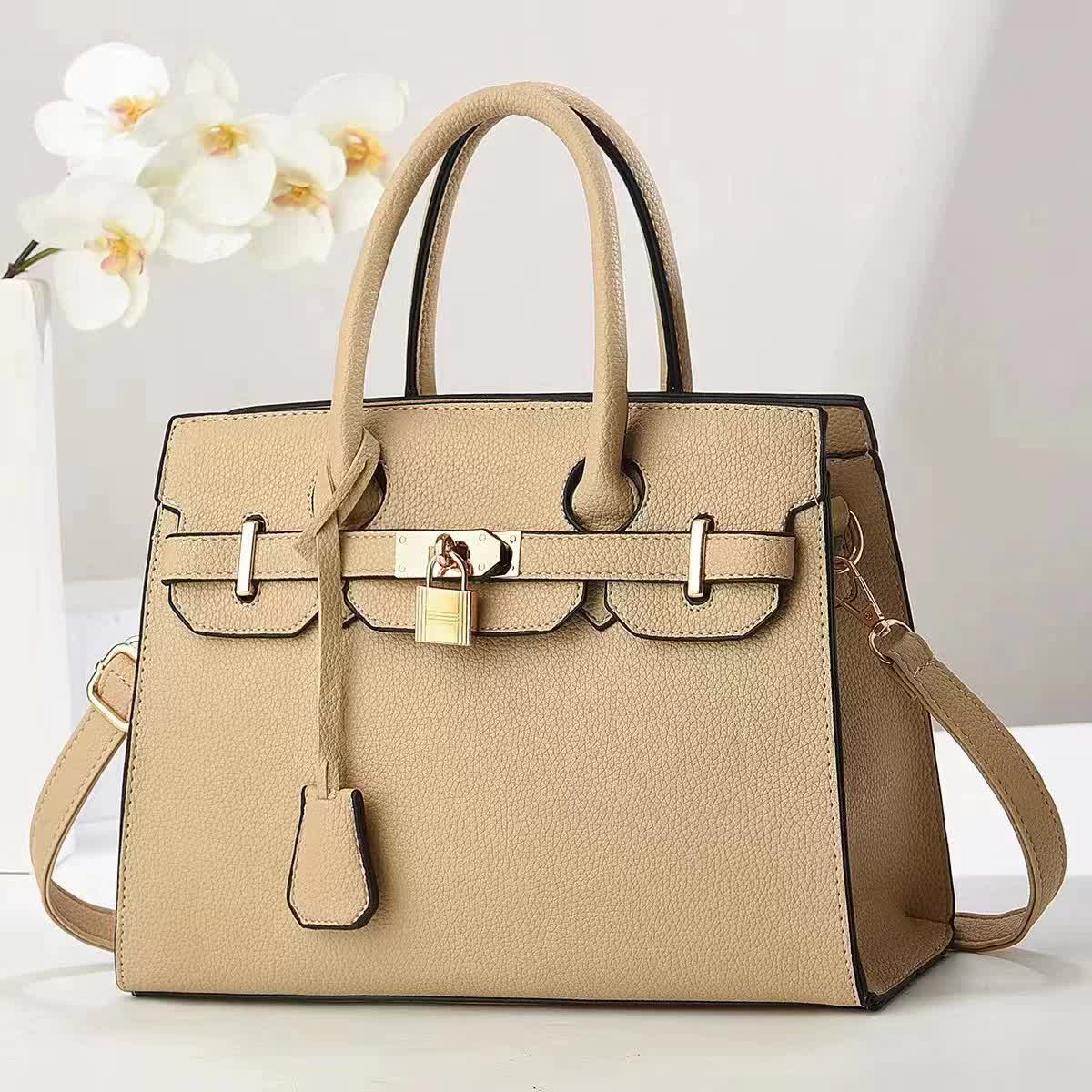 V888-ELOSUNG15519-214168-00 Khaki Elegant PU Leather Handbag with Lock Decoration - Structured Tote Bag for Women - Image 1