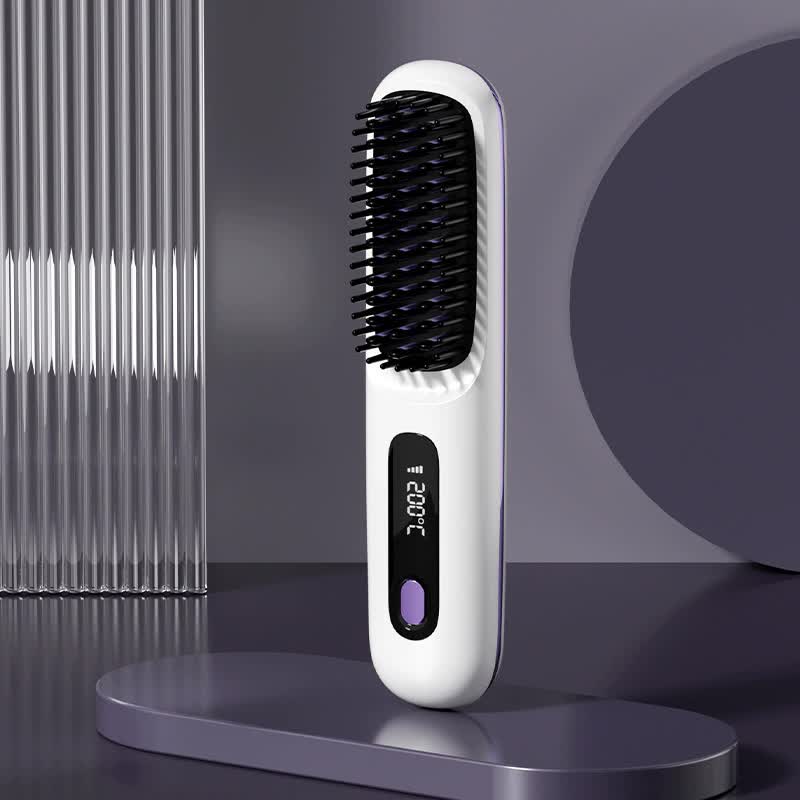 V888-ELOSUNG15547-214600-00 White Wireless Hair Straightening Brush - Compact and Rechargeable Styling Tool - Image 1