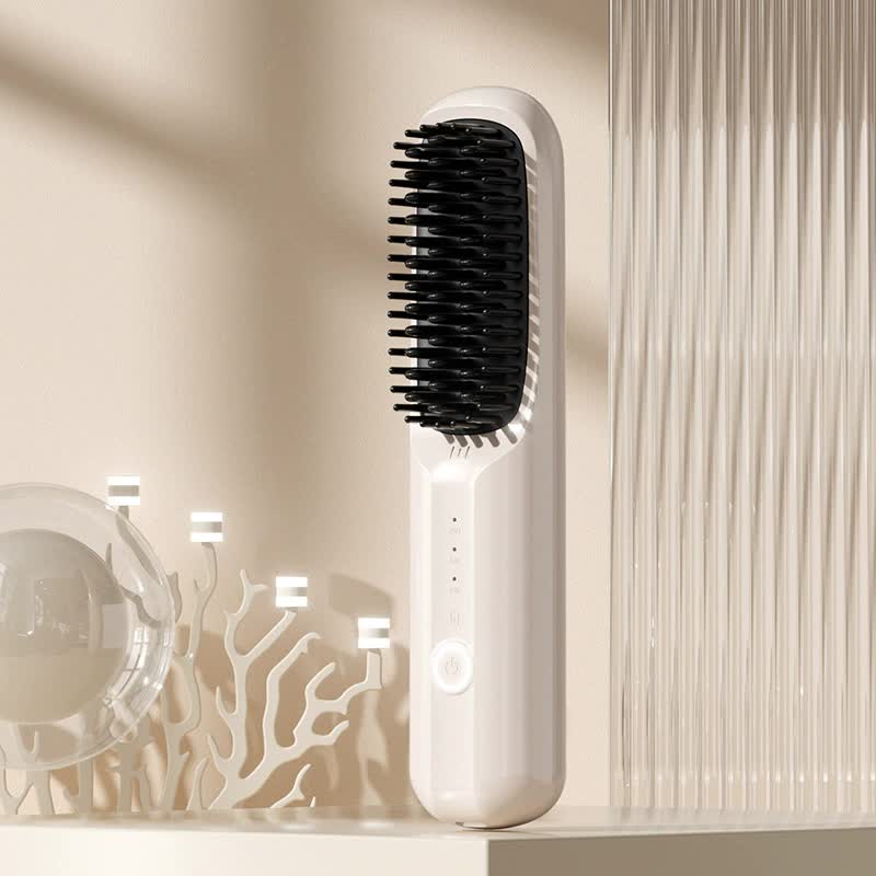 V888-ELOSUNG15551-214604-00 Beige Rechargeable Wireless Hair Straightening Brush - Sleek and Portable Styling Tool - Image 1
