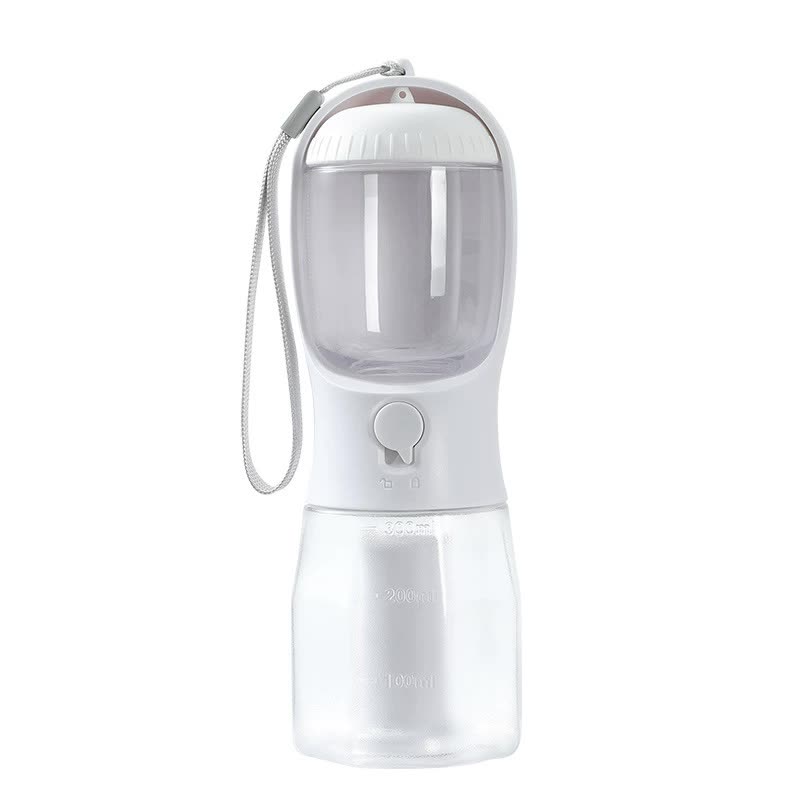 V888-ELOSUNG15663-214942-00 White 3-in-1 Portable Pet Water Bottle with Food Storage and Waste Bag Dispenser - 300mL Capacity - Image 1