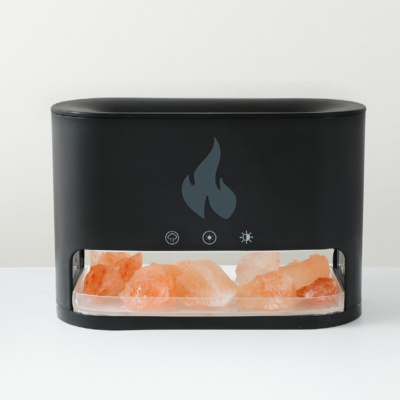 V888-ELOSUNG15731-215518-00 Black Himalayan Salt Flame Aroma Diffuser - 250ml Ultrasonic Humidifier with 7-Color LED Light for Relaxation and Decor - Image 1