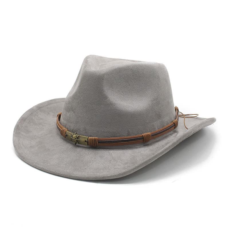 V888-ELOSUNG15782-215755-00 Gray Unisex Faux Suede Western Cowboy Hat - Wide Brim Vintage Fedora for Outdoor Travel,M(57-58cm) - Image 1