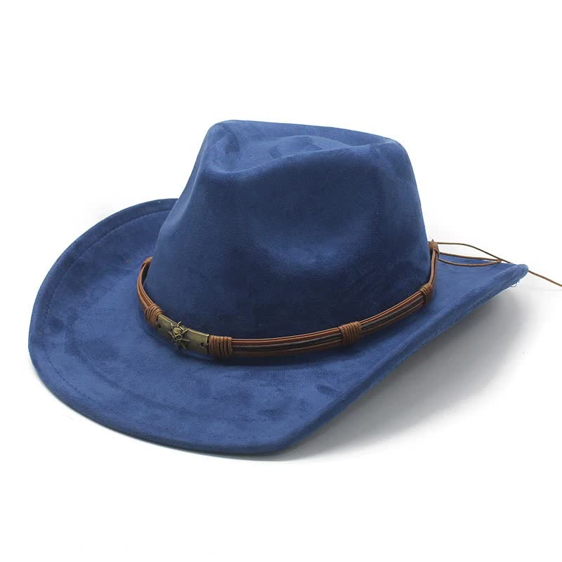 V888-ELOSUNG15783-215756-00 Blue Unisex Faux Suede Western Cowboy Hat - Wide Brim Vintage Fedora for Outdoor Travel,M(57-58cm) - Image 1