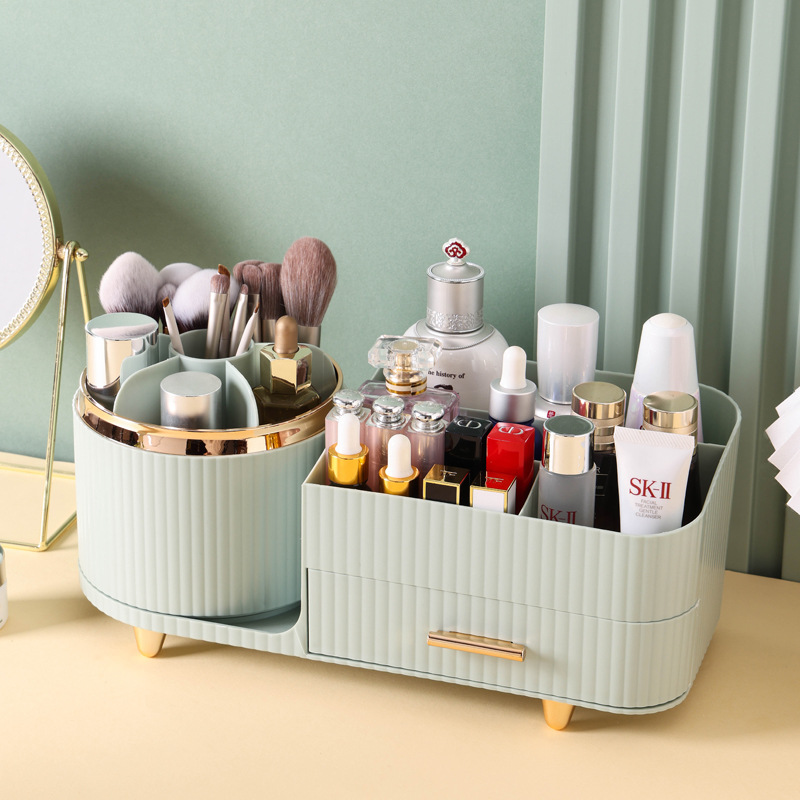 V888-ELOSUNG15835-215996-00 Green Rotating Makeup Organizer Box - Multi-Compartment Cosmetic Storage - Image 1