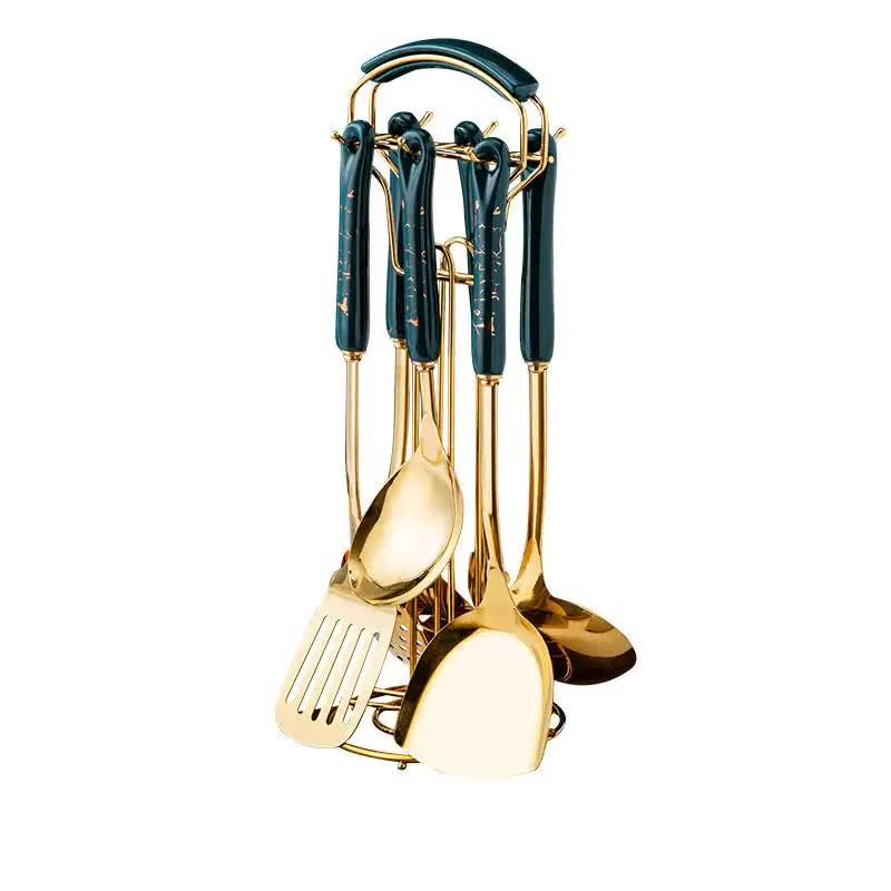 V888-ELOSUNG15848-216036-00 Dark Green Gold Stainless Steel Kitchen Utensil Set - 7-Piece Golden Cooking Tools with Stand - Image 1