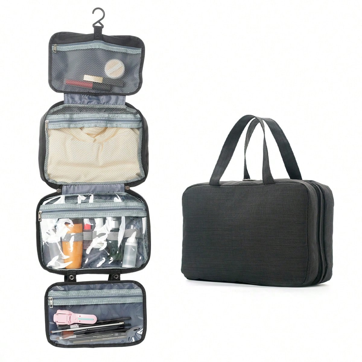 V888-ELOSUNG15874-216686-00 Black Multipurpose Portable Travel Toiletry Bag - Waterproof Cosmetic Organizer with Zipper - Image 1