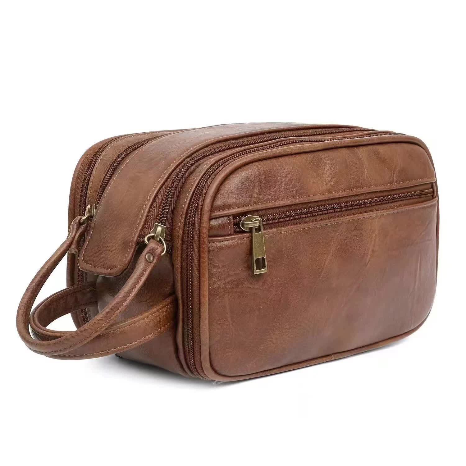 V888-ELOSUNG16074-214357-00 Brown Vintage Leather Makeup Bag with Multi-Compartment Organizer - Travel Cosmetic Case - Image 1