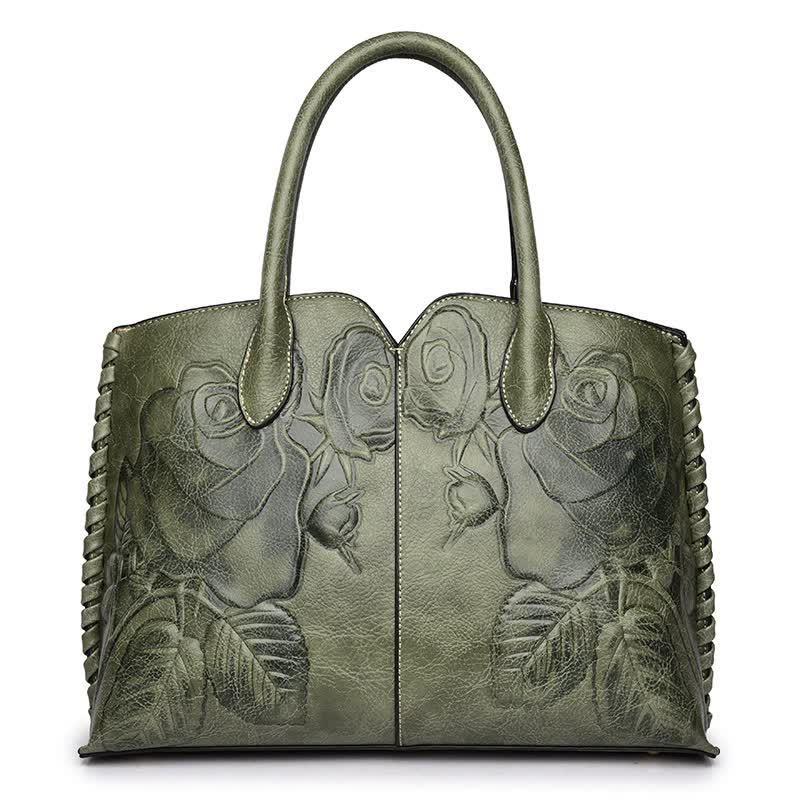 V888-ELOSUNG16076-214365-00 Green Elegant Embossed Rose Leather Handbag - Vintage Style Tote Bag - Image 1