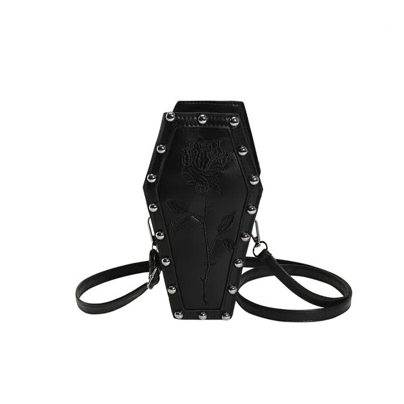 V888-ELOSUNG16108-214536-00 Black Gothic Red Coffin-Shaped Crossbody Bag with Embroidered Rose - Unique Fashion Statement - Image 1