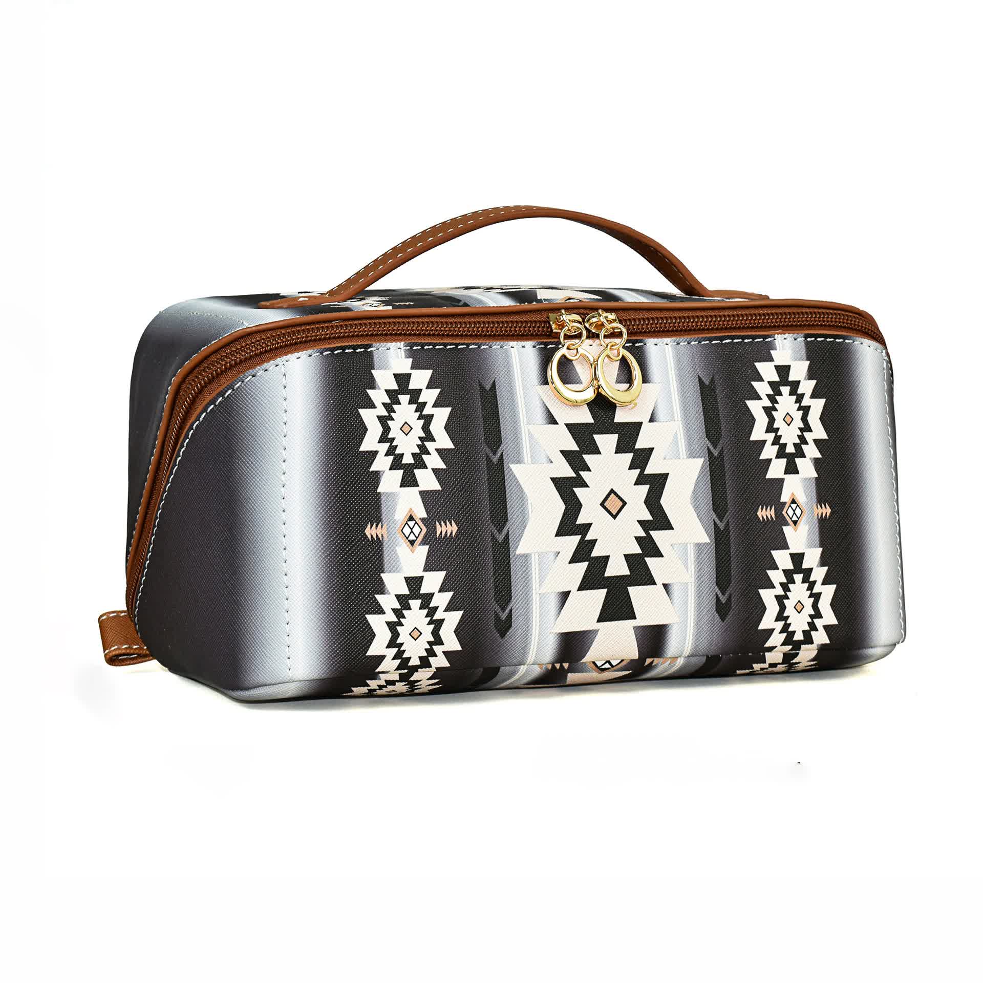 V888-ELOSUNG16267-215538-00 Black Boho Travel Cosmetic Bag - Large Waterproof Makeup Organizer with Handle - Image 1