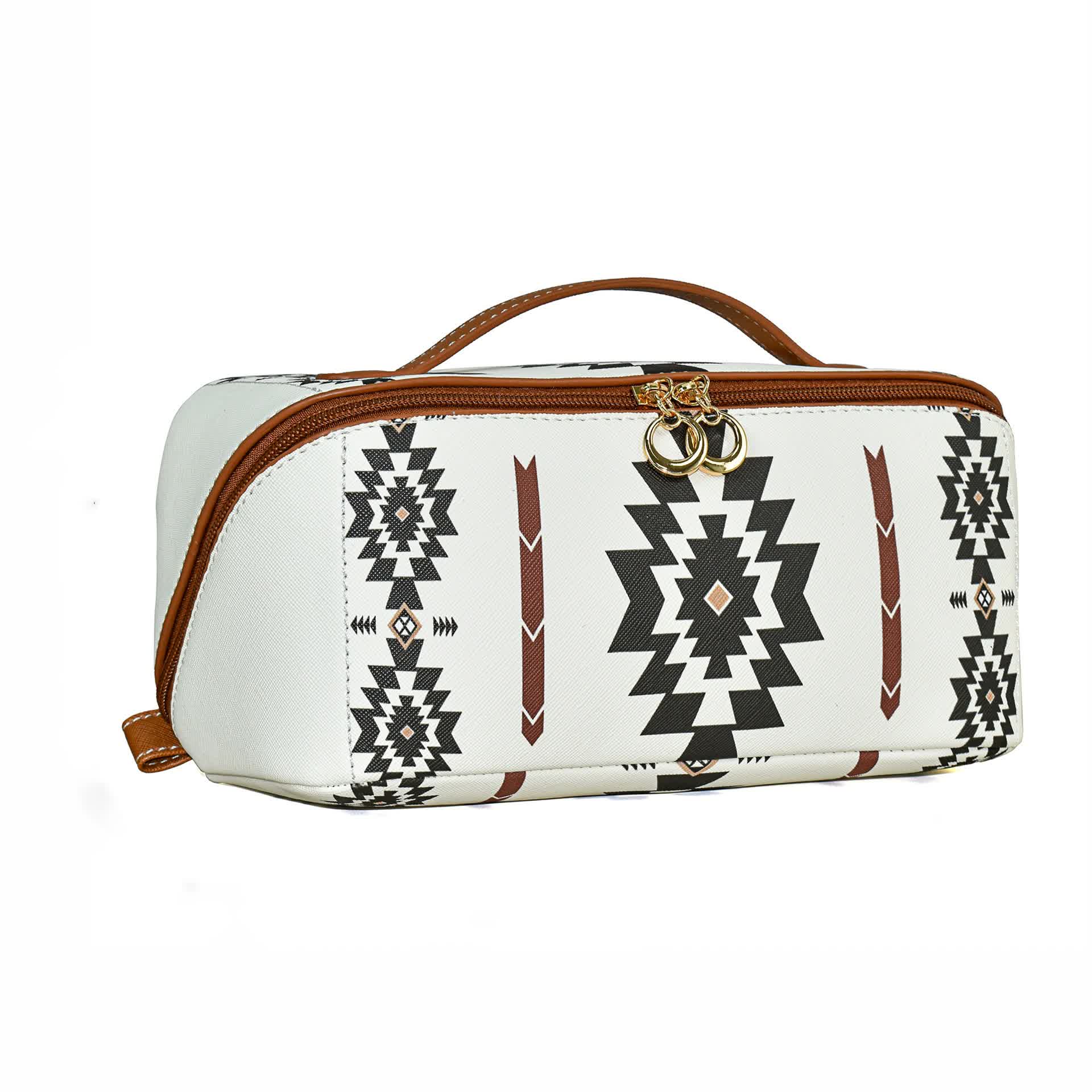 V888-ELOSUNG16268-215529-00 White Boho Travel Cosmetic Bag - Large Waterproof Makeup Organizer with Handle - Image 1