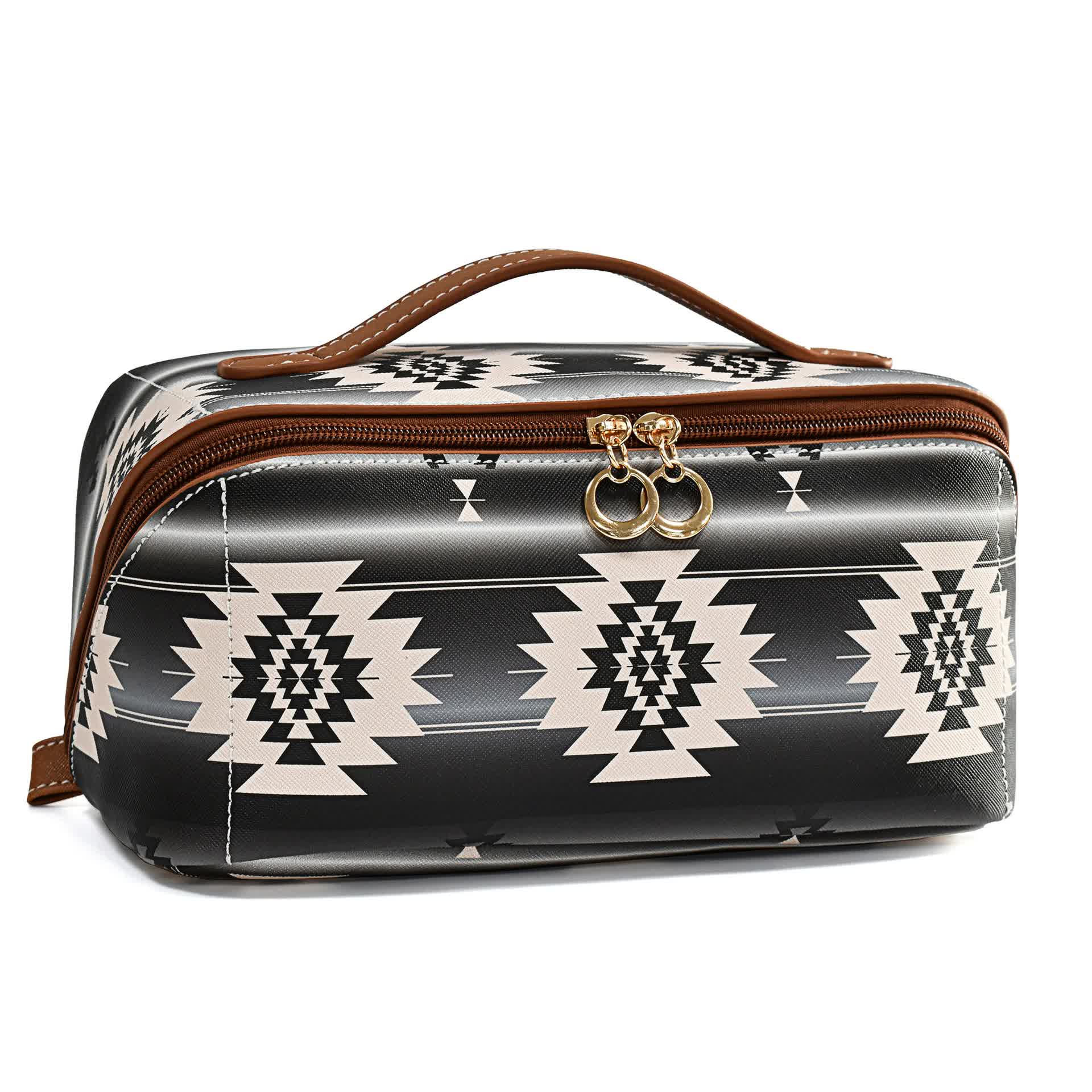 V888-ELOSUNG16269-215530-00 Black Horizontal Pattern Boho Travel Cosmetic Bag - Large Waterproof Makeup Organizer with Handle - Image 1