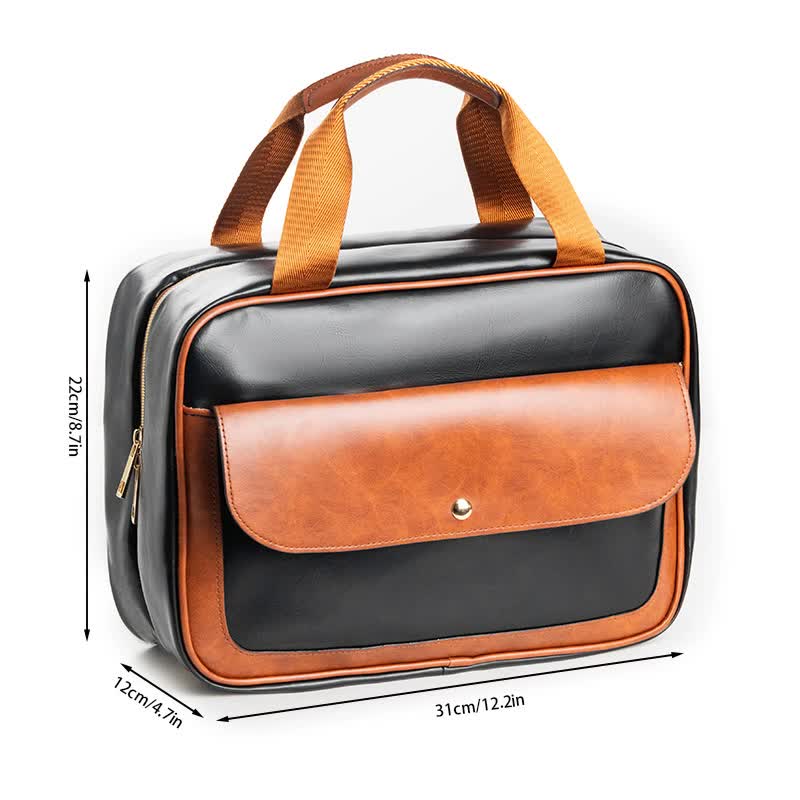V888-ELOSUNG16484-216680-00 Black-brown Compact PU Leather Travel Toiletry Bag with Zipper Compartments - Image 1