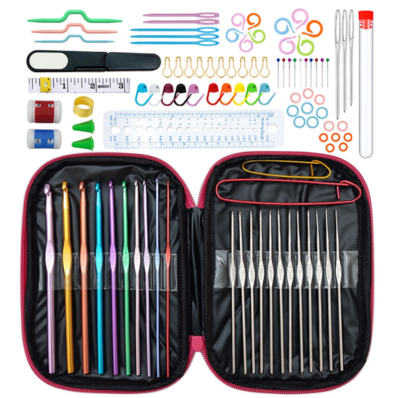 V888-ELOSUNG16541-216529-00 Rose-red 100-Piece Crochet Kit with Storage Case, for Beginners and Professionals - Image 1