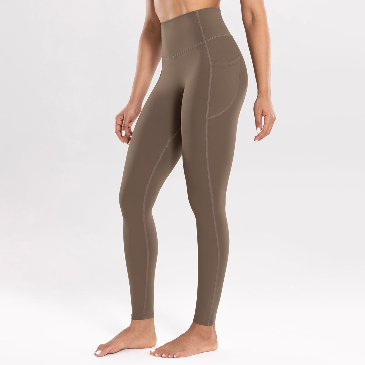 V888-ELOSUNG16853-224634-00 M Dark Khaki High-Waist Seamless Yoga Leggings with Pockets - Ultra Soft & Quick-Dry Workout Tights - Image 1