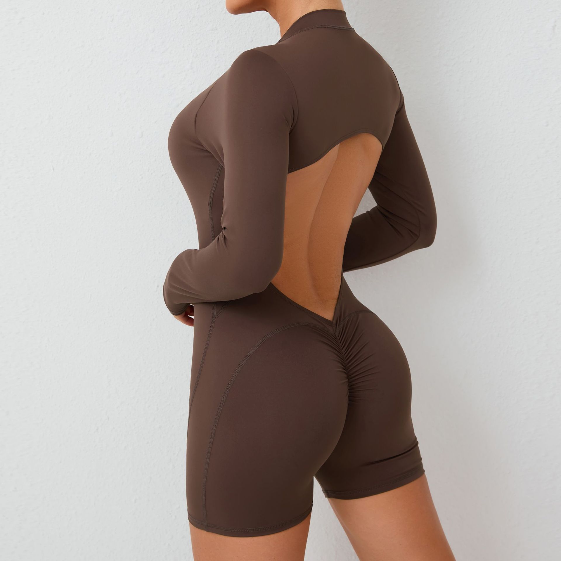 V888-ELOSUNG16887-224823-00 L Brown Backless Scrunch Butt Workout Jumpsuit - Long-Sleeve Open-Back Yoga Romper - Image 1