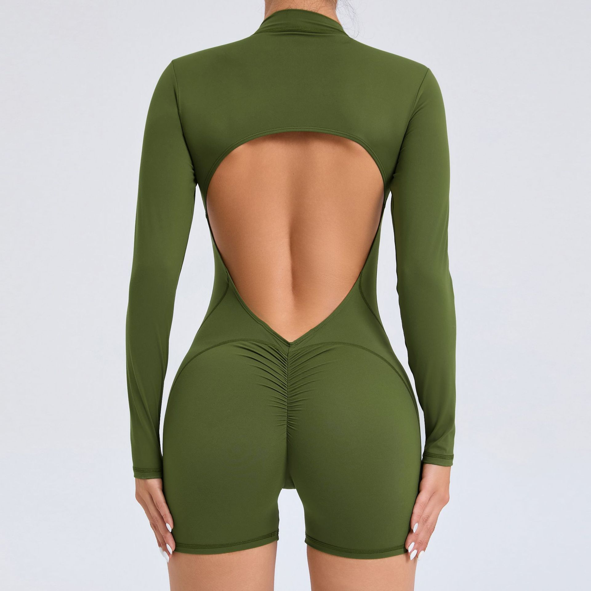 V888-ELOSUNG16895-224847-00 M Green Backless Scrunch Butt Workout Jumpsuit - Long-Sleeve Open-Back Yoga Romper - Image 1