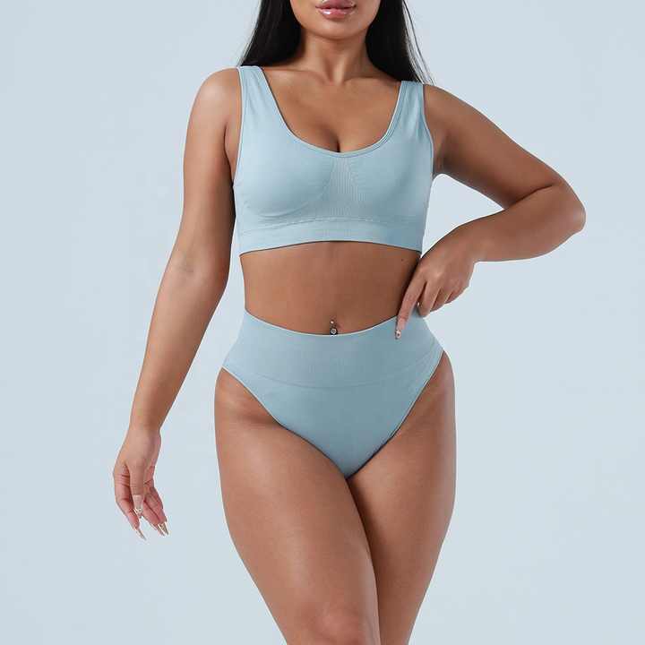 V888-ELOSUNG16905-224935-00 L Blue Seamless High-Waist Ribbed Bra & Panty Set - Wireless Stretchy Underwear - Image 1