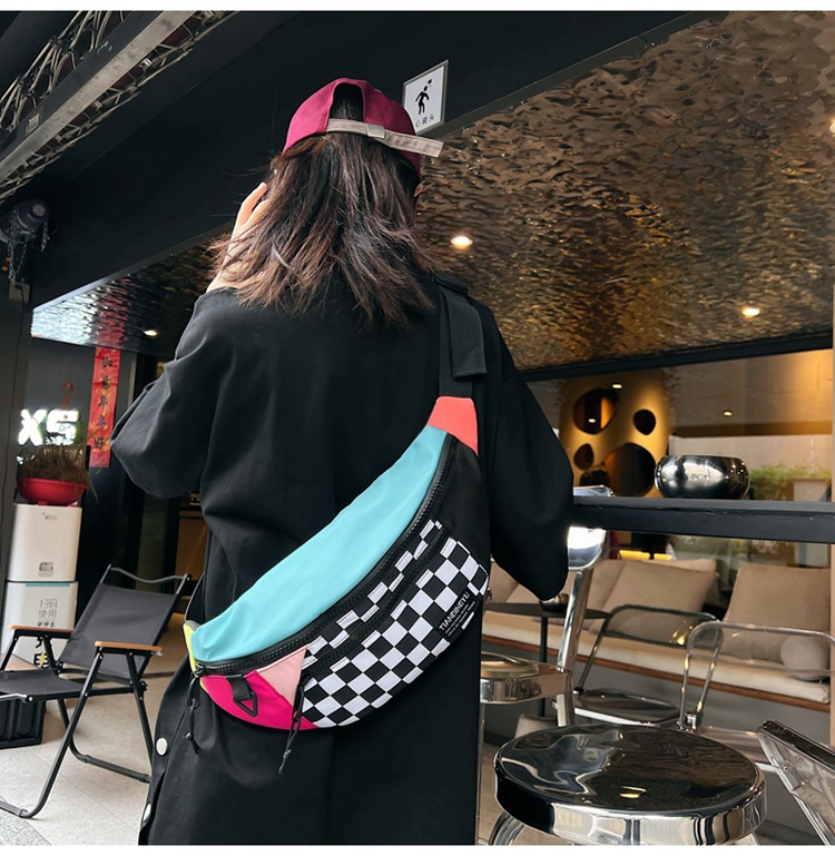 V888-ELOSUNG17067-214206-00 Multi-Coloured Patchwork Black and White Check Trendy Checkered Crossbody Bag - Color-Block Chest Bag for Men and Women, Lightweight Nylon Waist Bag - Image 1