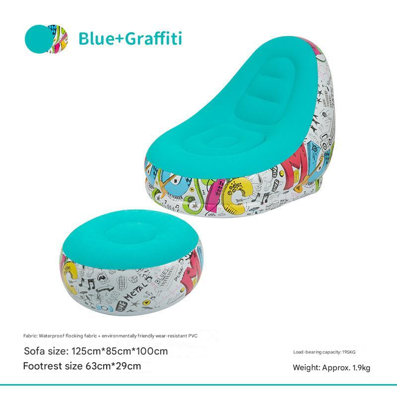 V888-ELOSUNG17116-214470-00 Blue Graffiti Portable Inflatable Sofa Chair with Ottoman - Waterproof Flocked Lazy Sofa for Camping and Home Use - Image 1