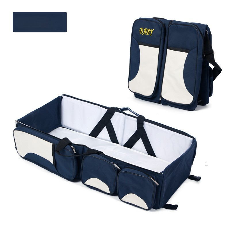 V888-ELOSUNG17279-215266-00 Dark Blue Multifunctional Foldable Baby Crib Mommy Bag | Large Capacity Diaper Bag | Portable Shoulder and Handheld Baby Essentials Bag - Image 1