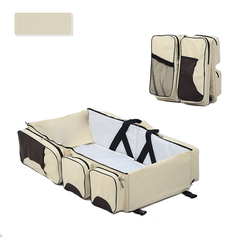 V888-ELOSUNG17282-215269-000 Beige-Brown Patchwork Multifunctional Foldable Baby Crib Mommy Bag | Large Capacity Diaper Bag | Portable Shoulder and Handheld Baby Essentials Bag - Image 1