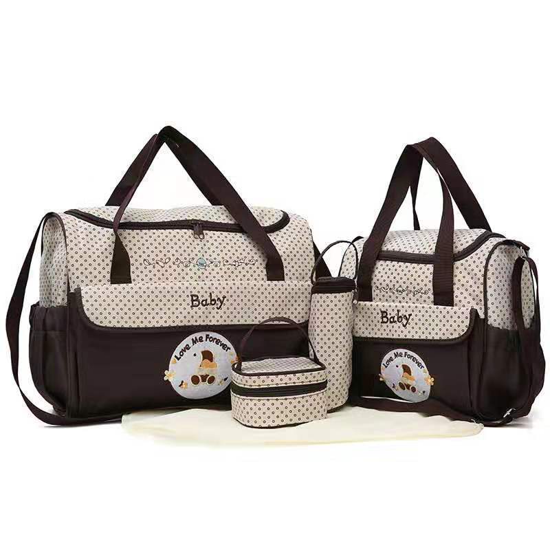 V888-ELOSUNG17290-215619-00 Coffee 5-Piece Mommy Bag Set - Large Capacity Diaper Bags for Baby Travel, Tote and Shoulder Bags with Insulated Bottle Holder and Snack Bag - Image 1