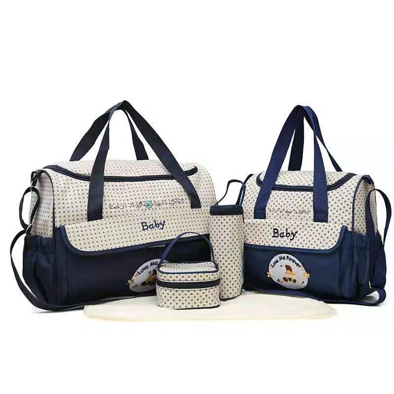 V888-ELOSUNG17291-215620-00 Dark Blue 5-Piece Mommy Bag Set - Large Capacity Diaper Bags for Baby Travel, Tote and Shoulder Bags with Insulated Bottle Holder and Snack Bag - Image 1