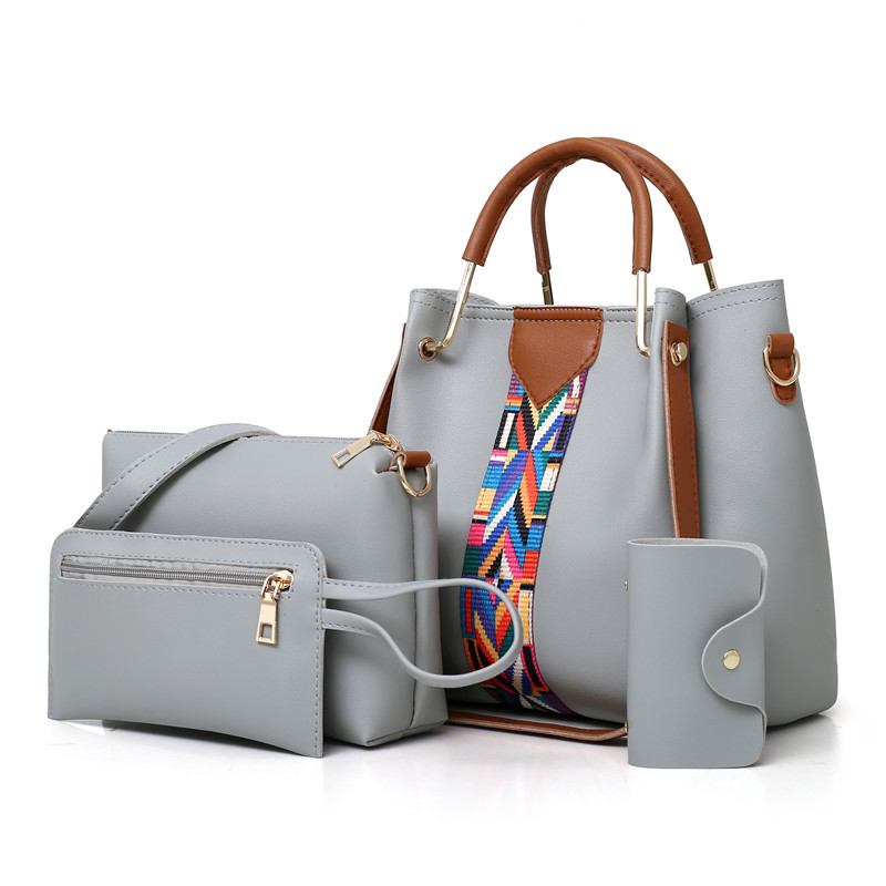 V888-ELOSUNG17350-215673-00 Grey Elegant 4-Piece Women's Handbag Set - Stylish PU Leather Tote, Shoulder Bag, Clutch, and Wallet for Every Occasion - Image 1