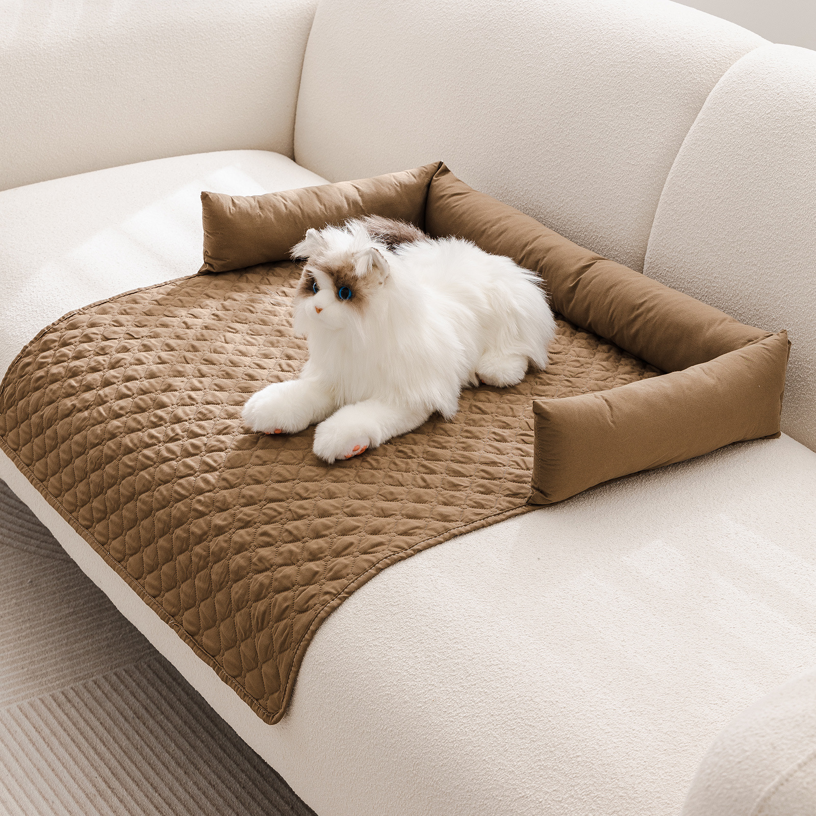 V888-ELOSUNG17396-215849-00 90*90CM Brown Waterproof & Scratch-Resistant Pet Sofa Protector Mat with Pillow | Cat & Dog Bed, Washable, All-Season - Image 1