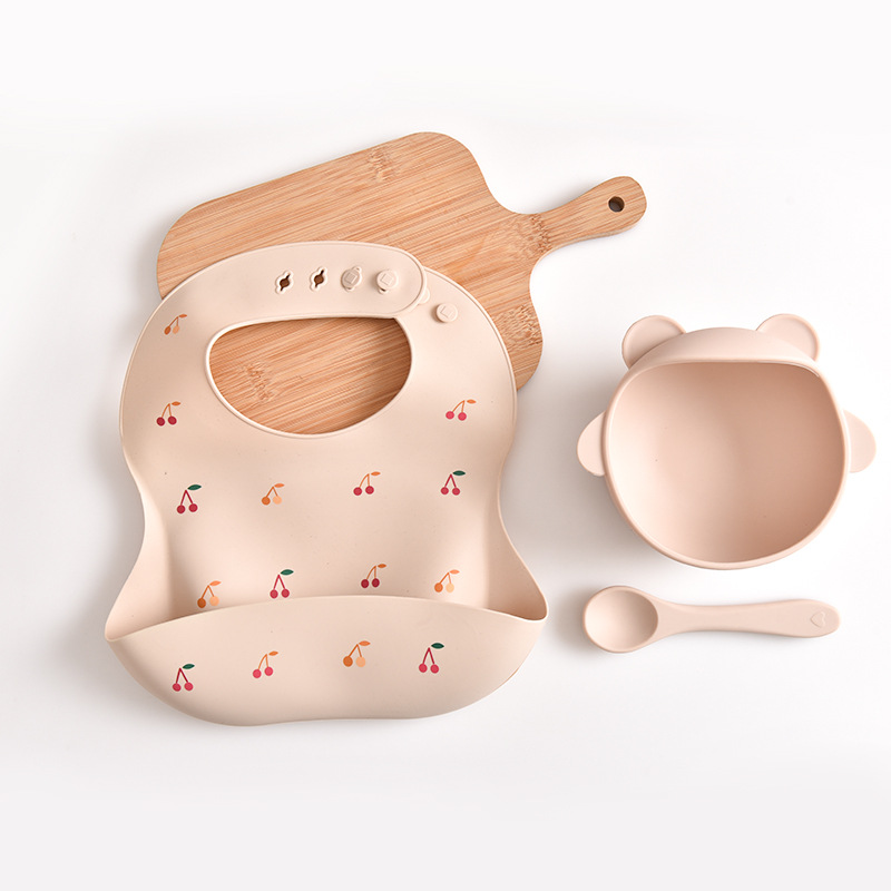 V888-ELOSUNG17456-216075-00 Cherry Pattern Beige Soft and Safe Silicone Baby Feeding Set – Bib, Bowl, and Spoon Combo for Mess-Free Meals - Image 1