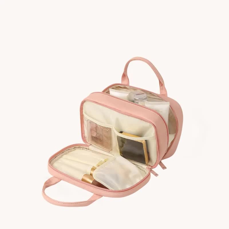 V888-ELOSUNG17470-216133-00 Pink Premium PU Leather Portable Makeup Bag - Large Capacity Waterproof Travel Cosmetic Organizer(Cosmetics are shooting props, not included) - Image 1