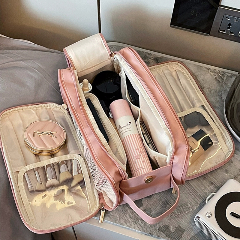 V888-ELOSUNG17518-216427-00 Pink Large Capacity Makeup Organizer Bag - Travel-Friendly Double-Zip Cosmetic Storage Case for Women(Makeup items are shooting props and are not included) - Image 1