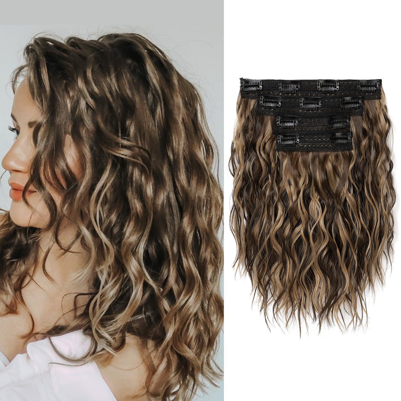 V888-ELOSUNG17526-216457-00 Brown 12-Inch Clip-in Wavy Hair Extensions - 4-Piece Set, Easy to Apply, Instant Volume Boost - Image 1