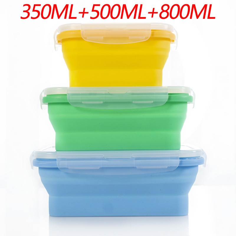 V888-ELOSUNG17545-216370-00 3-piece Set (Yellow + Green + Blue) Collapsible Silicone Food Storage Containers Set – 350ML, 500ML, 800ML | BPA-Free, Microwave, Dishwasher & Freezer Safe | Foldable & Portable Bento Boxes for Travel & Outdoor - Image 1